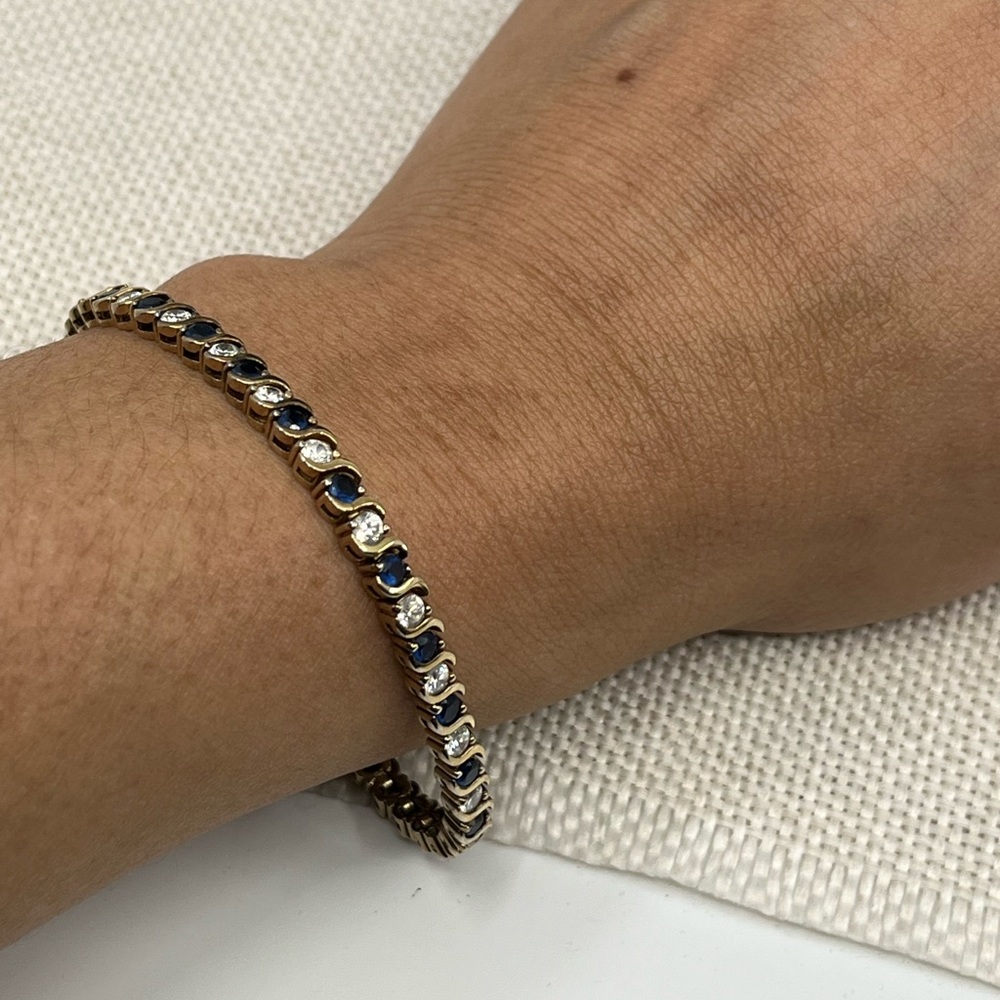 Vintage Estate Gold Over Sterling Silver Tennis Bracelet Sapphire Clear CZ 7.25" - Picture 11 of 16